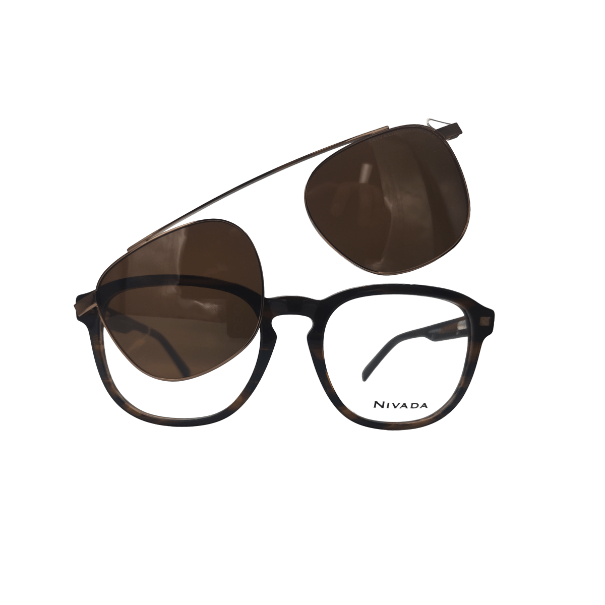 Armazón Oftálmico Carey Nivada con Clip-On Solar Aviador Café - Reloj Nivada Swiss