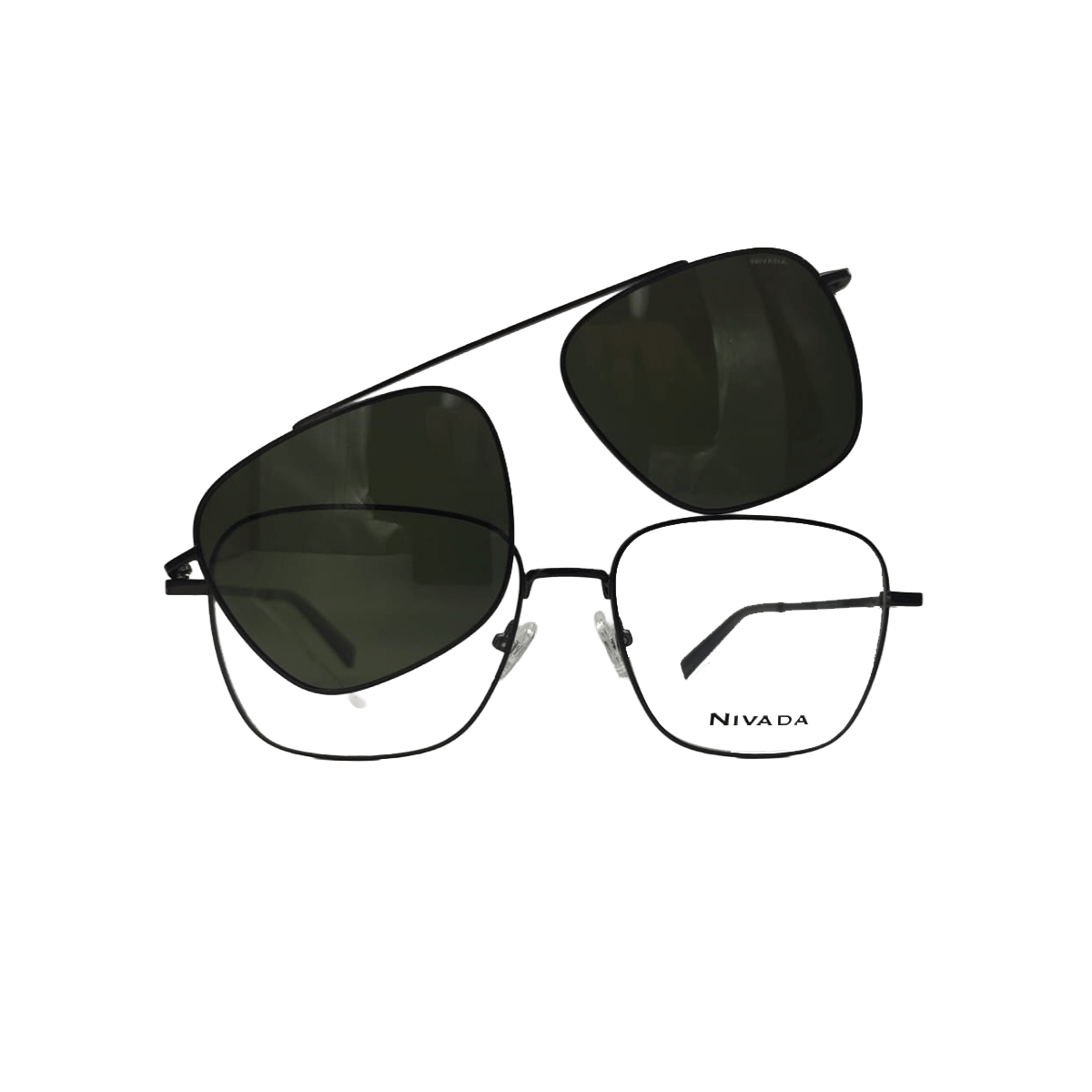 Armazón Oftálmico Metálico Negro Nivada con Clip-On Solar Aviador Verde - Reloj Nivada Swiss