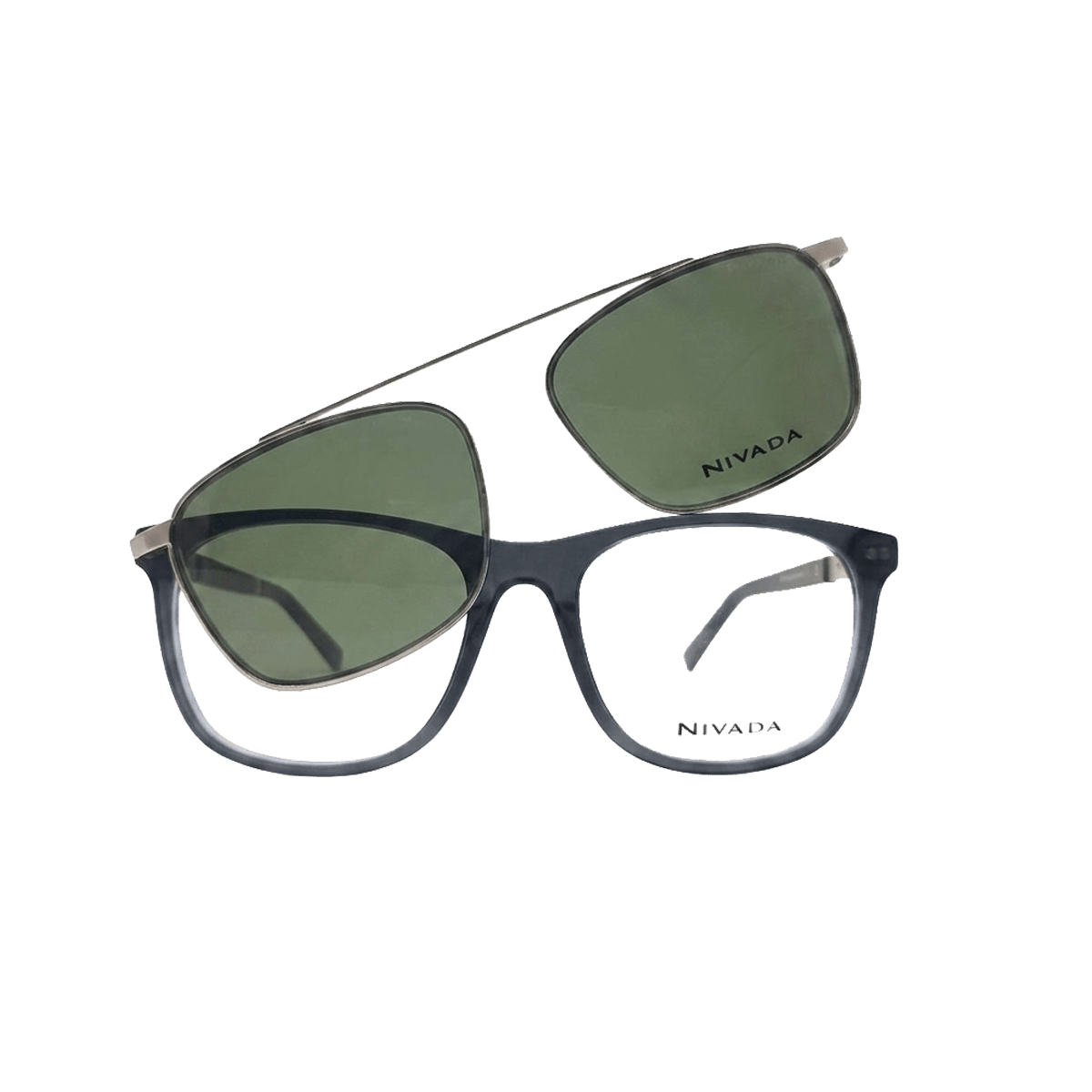 Armazón Oftálmico Negro Nivada con Clip-On Solar Aviador Verde - Reloj Nivada Swiss